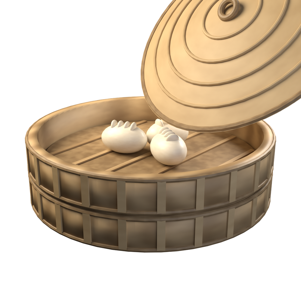 A two-tier bamboo steamer, lid lifted, revealing golden fried stinky tofu