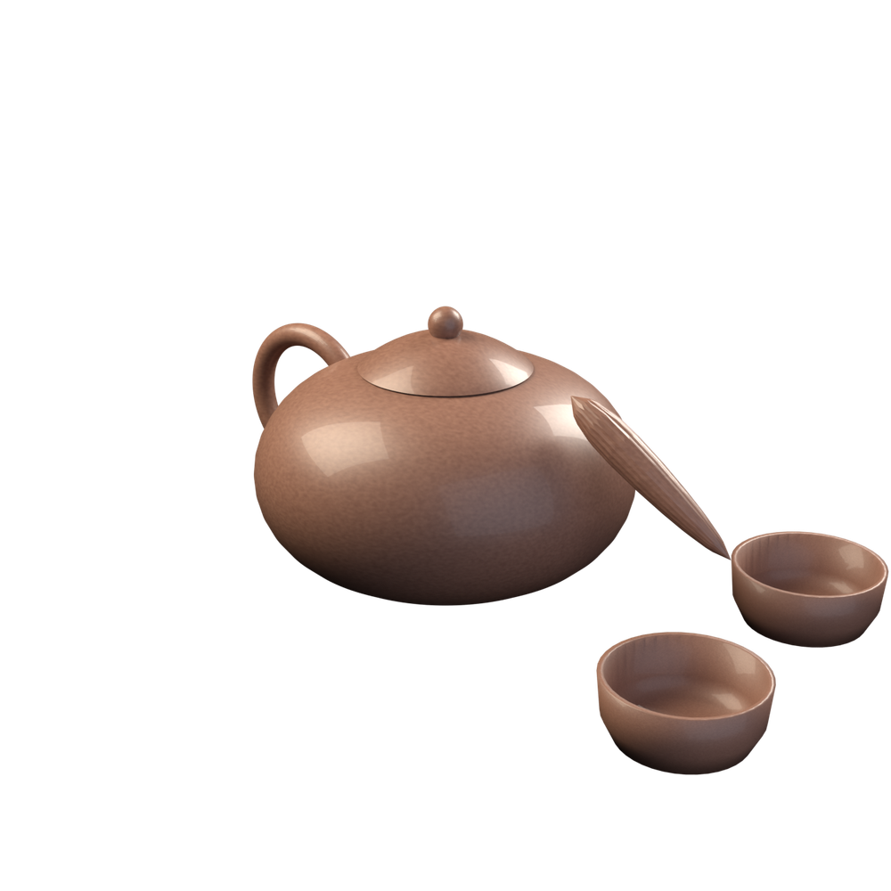 A clay teapot with two small cups